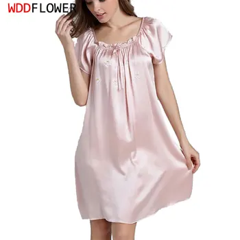 Женское платье для сна из 100% чистого Шелка с круглым вырезом и вышивкой, Пижамы, ночная рубашка, Ночная рубашка YM012